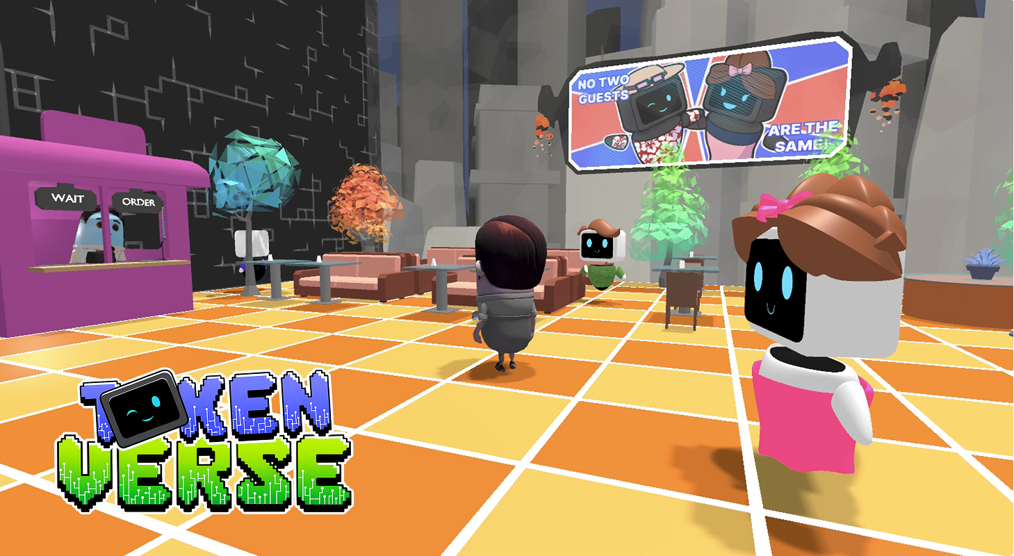 Players inside Ditto's lobby, beneath a 'No two guests are the same' sign