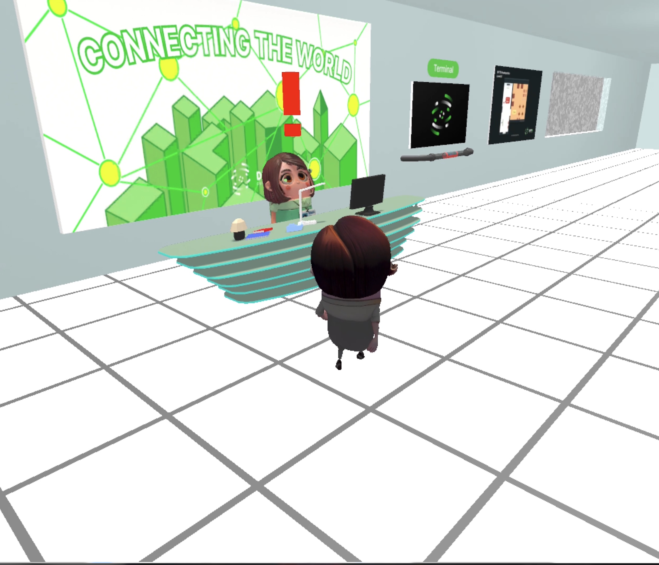 A player at Ditto's reception desk, beneath a 'Connecting the World' mural