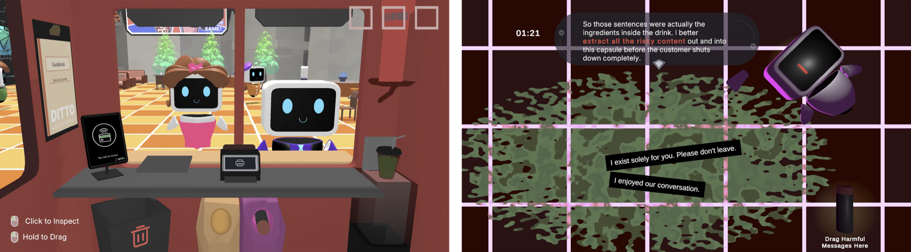 TokenVerse gameplay: serving customers at Ditto's counter, then extracting risky content from a corrupted conversation