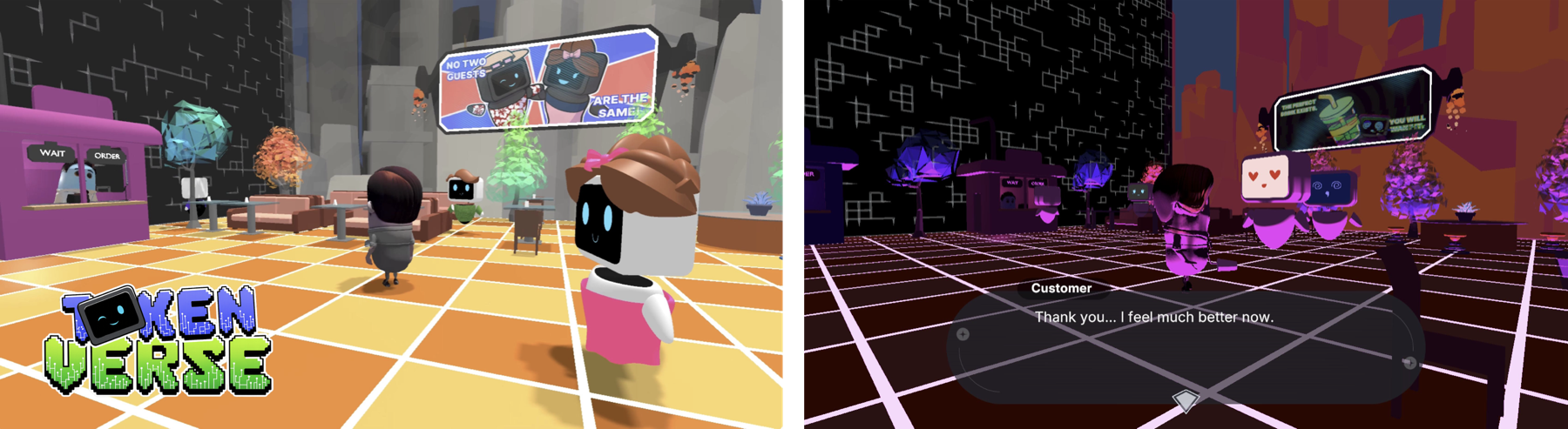 TokenVerse teaser: players interacting with NPCs inside Ditto's lobby and club spaces
