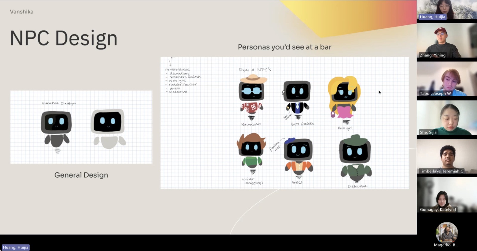 A design slide showing NPC persona sketches, including a Hawaiian shirt character, a business professional, a rich girl, a writer, an artist, and a detective
